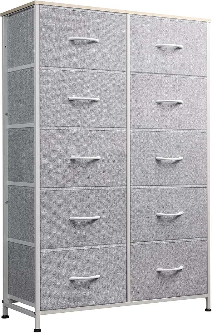 WLIVE Tall Dresser for Bedroom with 10 Drawers, Chest of Drawers, Dressers Bedroom Furniture, Grey Dresser with Fabric Bins for Closet, Hallway, Living Room, Entryway, Light Grey