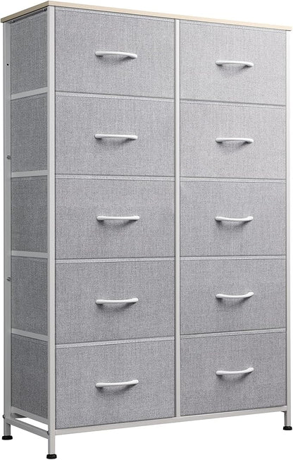 WLIVE Tall Dresser for Bedroom with 10 Drawers, Chest of Drawers, Dressers Bedroom Furniture, Grey Dresser with Fabric Bins for Closet, Hallway, Living Room, Entryway, Light Grey