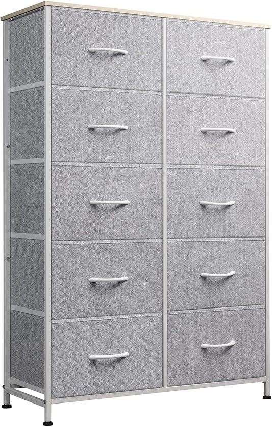 WLIVE Tall Dresser for Bedroom with 10 Drawers, Chest of Drawers, Dressers Bedroom Furniture, Grey Dresser with Fabric Bins for Closet, Hallway, Living Room, Entryway, Light Grey
