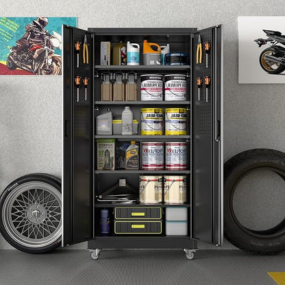 Garage Storage Cabinet with Wheels and Pegboard, Lockable Metal Storage Cabinet with 5 Adjustable Shelves and 4 Hooks for Garage,Warehouse, Assembly Required, Black, 71" H x 34" W x 18" D