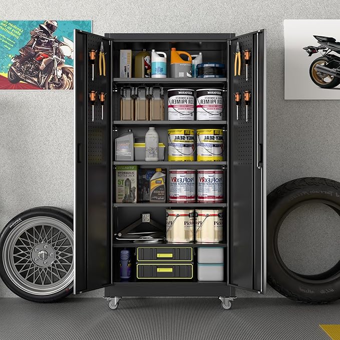 Garage Storage Cabinet with Wheels & Pegboard, Lockable Metal Storage Cabinet with Doors and 5 Adjustable Shelves for Garage, Home, Storage, Assembly Required, Black, 71" H×34" W×18" D