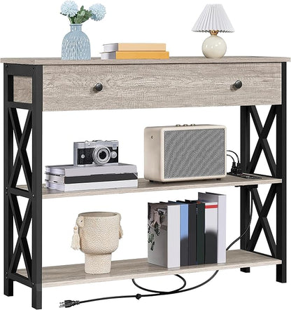 Yaheetech Console Table with Power Outlets and USB Ports, Wooden Entryway Table with Drawer and Open Shelves, Narrow Sofa Tables with Metal Frame for Living Room, Couch, Hallway, Grey