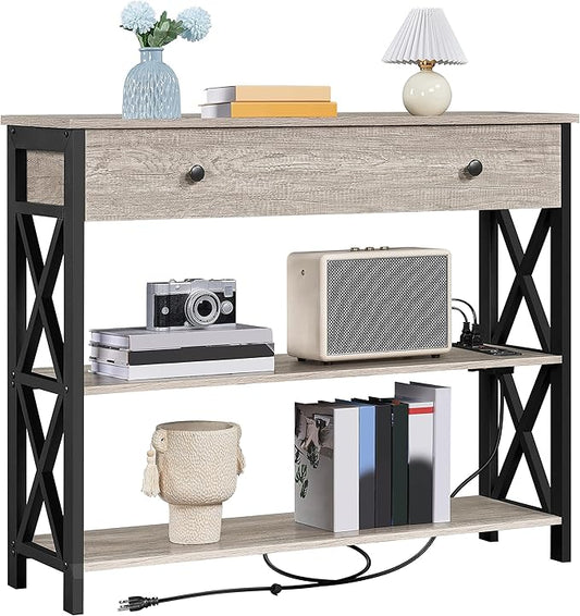 Yaheetech Console Table with Power Outlets and USB Ports, Wooden Entryway Table with Drawer and Open Shelves, Narrow Sofa Tables with Metal Frame for Living Room, Couch, Hallway, Grey