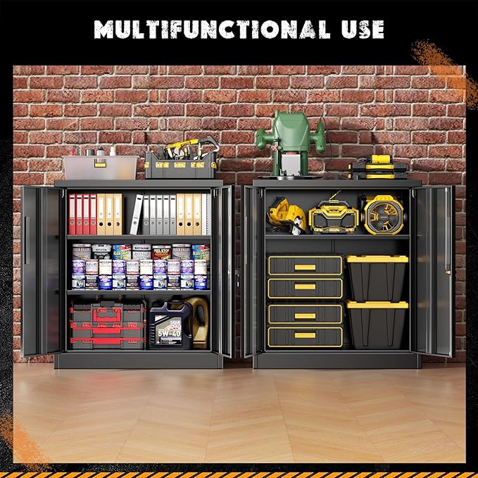 Greenvelly 36" H x 32" W x 16" D Black Metal Storage Cabinet with 2 Locking Doors and 2 Adjustable Shelves, Ideal for Home Office, Garage