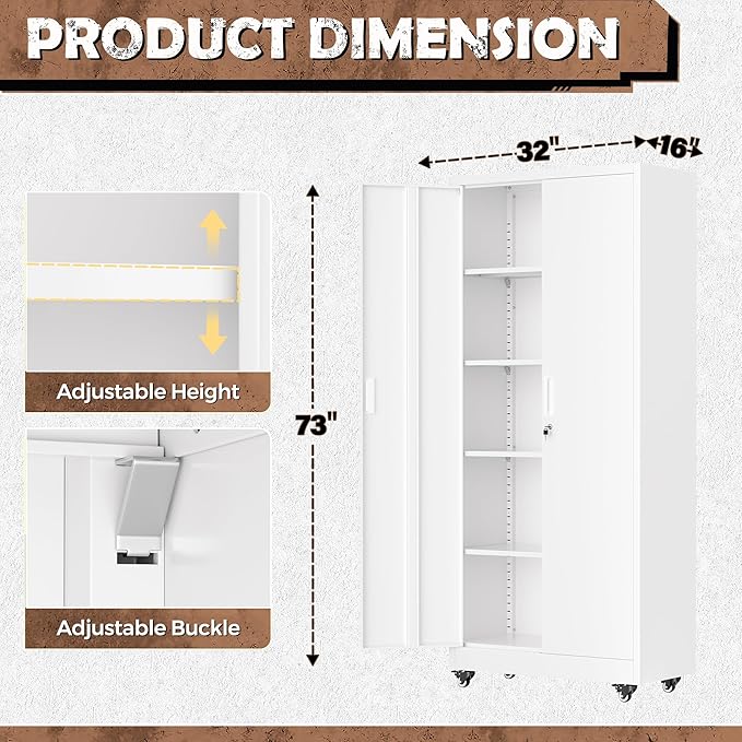 INTERGREAT Metal Storage Cabinet with Wheels, 73" Rolling Storage Cabinets with Door and 4 Shelves, Tall Storage Cabinets Locker on Caster for Home, Office(White)