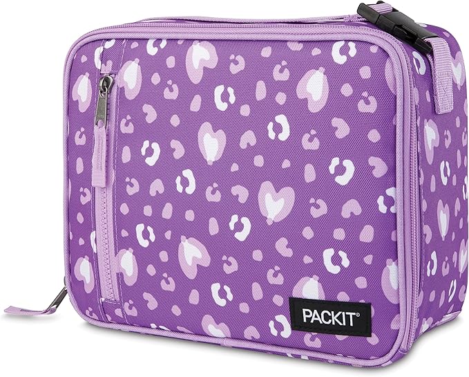PackIt® Freezable Classic Lunch Box, Leopard Hearts Purple, Built with EcoFreeze® Technology, Reusable, Zip Closure With Zip Front Pocket and Buckle Handle, Designed for Fresh Lunch On the Go