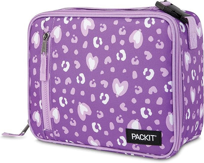 PackIt® Freezable Classic Lunch Box, Leopard Hearts Purple, Built with EcoFreeze® Technology, Reusable, Zip Closure With Zip Front Pocket and Buckle Handle, Designed for Fresh Lunch On the Go