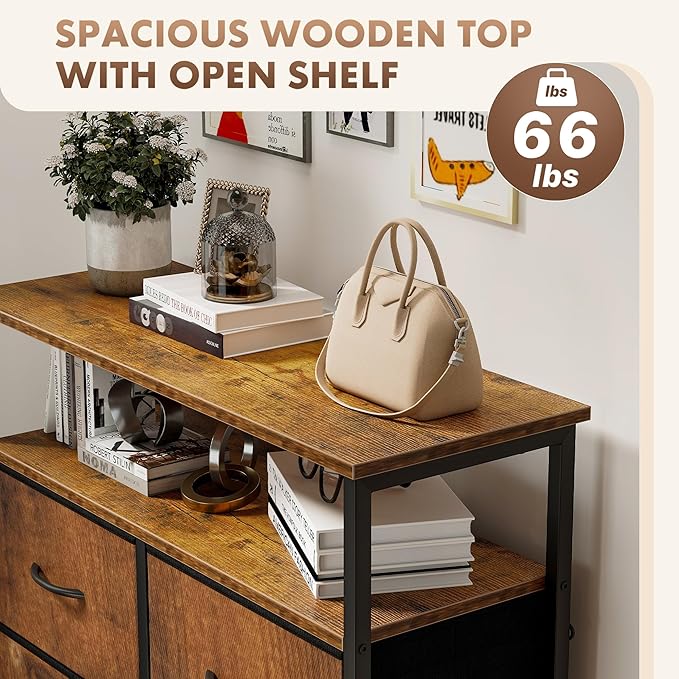 DUMOS Fabric Dresser for Bedroom with 8 Drawers, Tall 8-Drawer Chest of Drawers with Raised Shelf, Storage Tower with Fabric Bins for Closet Organization, Hallway Storage, Brown