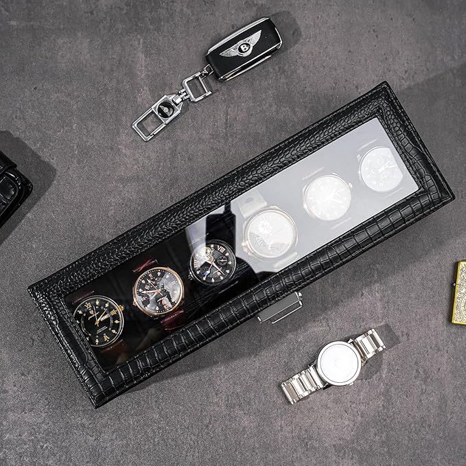 ProCase Watch Box, 6 Slot Watches Display Case with Drawer, Mens Watch Case with Glass Lid, 2-Layer Mens Jewelry Organizer Storage Holder, Birthday Valentine Gifts for Men -6 Slot, LizardBlack