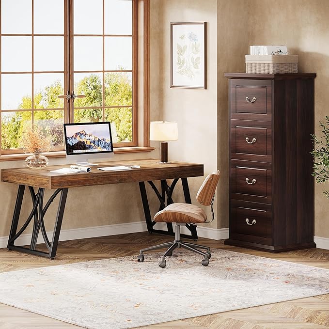 Tribesigns 4-Drawer File Filing Cabinet, Vertical File Cabinet Office Wood Filing Cabinet for A4 /Letter Size Narrow Tall File Storage for Honhe Office, Walnut