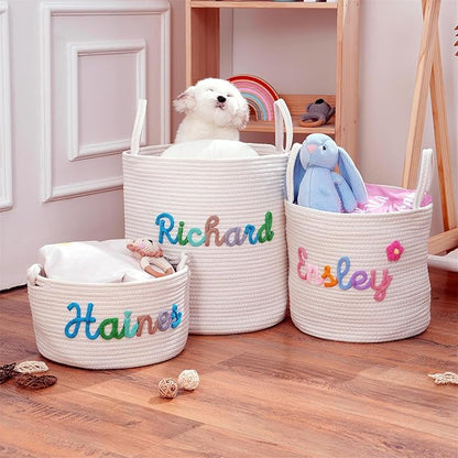 JUPPE Pet Dog Basket with Personalized Name, Dog Toys Storage Organizer Custom Cotton Rope Basket Nursery Decor (XL Basket)