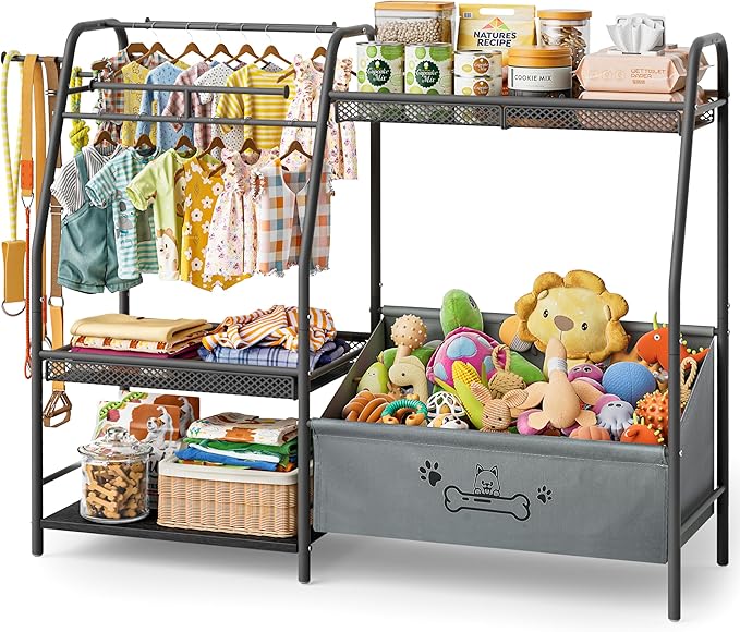 Large Dog Toy Basket with Dog Storage Organizer, Trapezoid Toy Bin Box with Collar Leash Holder Hook, Dogs Toy Holder Chest Pet Storage Cabinet for Living Room Dogs Essentials