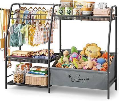 Large Dog Toy Basket with Dog Storage Organizer, Trapezoid Toy Bin Box with Collar Leash Holder Hook, Dogs Toy Holder Chest Pet Storage Cabinet for Living Room Dogs Essentials