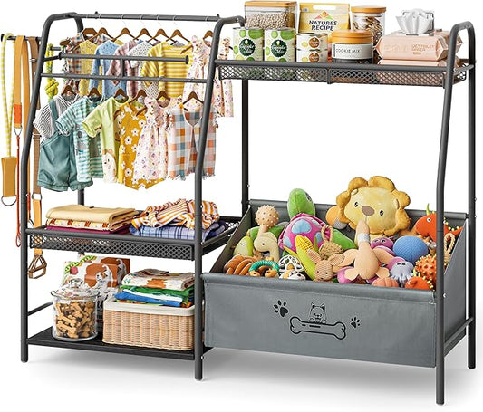 Large Dog Toy Basket with Dog Storage Organizer, Trapezoid Toy Bin Box with Collar Leash Holder Hook, Dogs Toy Holder Chest Pet Storage Cabinet for Living Room Dogs Essentials
