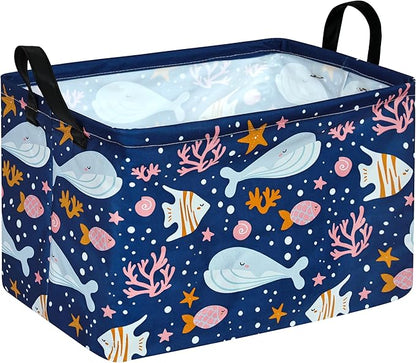 Rectangle Gift Storage Basket Home Shelf Storage Basket Organizer Box Clothes Laundry Hamper Nursery Basket Laundry Basket with Handles (Whale)