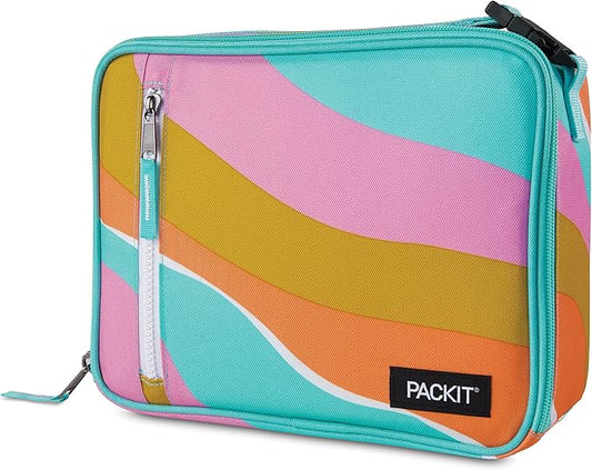 PackIt® Freezable Classic Lunch Box, Retro Wave, Built with EcoFreeze® Technology, Fully Freezable, Collapsible, Reusable, With Zip Front Pocket and Buckle Handle, Designed for Fresh Lunch On the Go