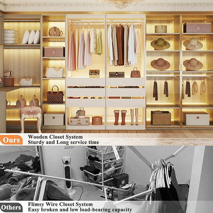 Freestanding Closet System Set of 2, 4FT Closet Organizer System with 6 Wood Drawers & Glasstop, 48" Closet Systems with Hanging Rod & LED Light, Heavy Duty Walk-in Closet, White(48"L x 16" W x 80" H)