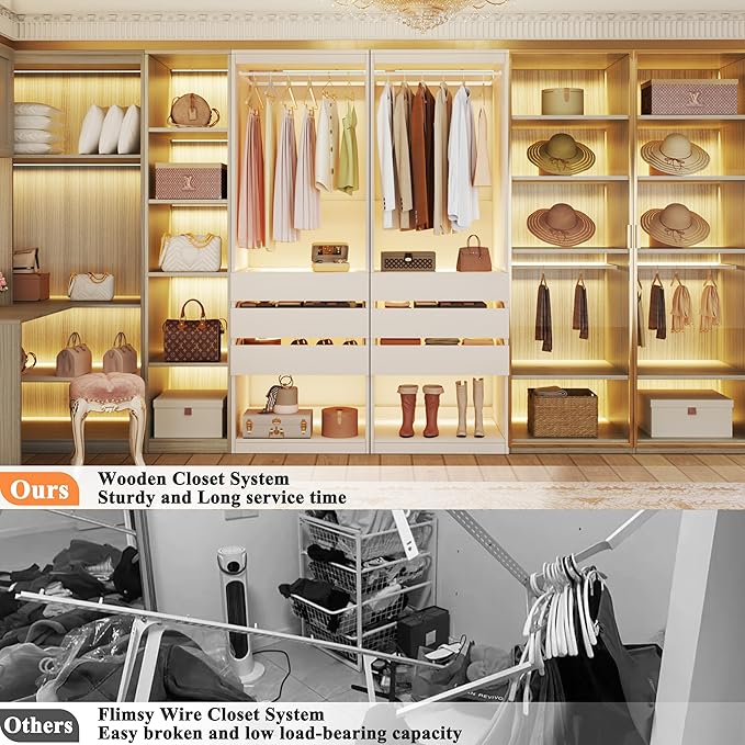 Freestanding 2FT Closet System with 3 Wood Drawers & Glasstop, 24" Closet Organizer System with Hanging Rod & LED Lights, Walk-in Closet Systems for Small Closets, White (24"L x 16" W x 80" H)