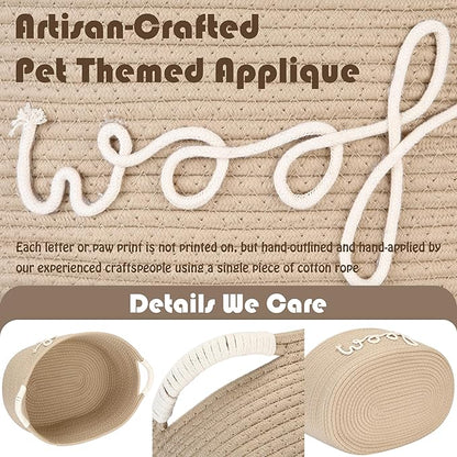 Sea Team Dog Toy Storage Basket with Handles, 16.5 x 11 x 7 Inches, 4.4 Gallons Large Cotton Rope Storage Bin, Shelf Basket, Organizer for Pet Chew Toys, Foods, Beige Woof