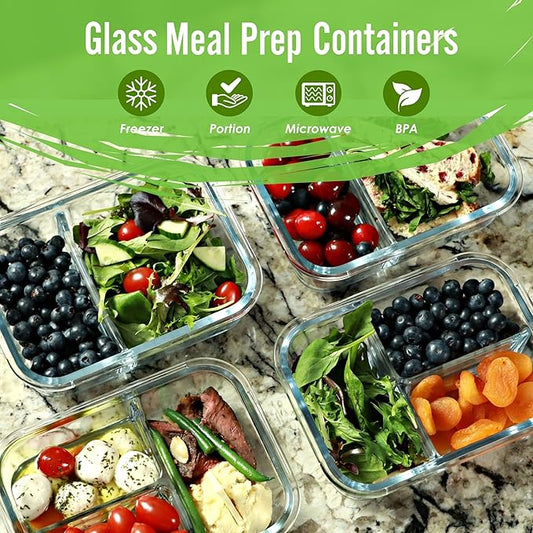 FIT Strong & Healthy Glass Meal Prep Containers, 2 & 3 Compartments – 32 oz Glass Containers with Lids, Food Storage with Black Lids, Oven & Freezer Safe, Leak-Proof Bento Box Adult, 4 Pack
