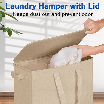 Slim Laundry Hamper with Lid and Wheels, Small Rolling Laundry Basket with Handle for Small Spaces, Tall Dirty Clothes Hampers for Dorm, Bathroom and Bedroom, 75L, Oatmeal