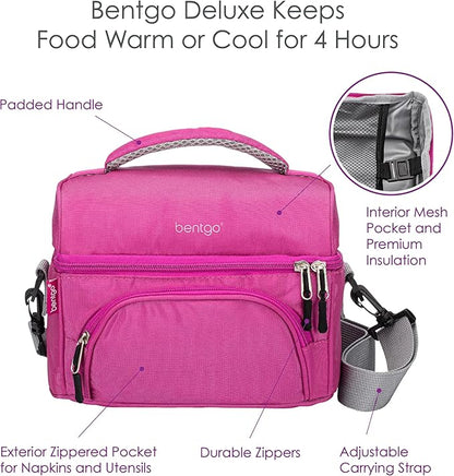 Bentgo Deluxe Lunch Bag - Durable and Insulated Lunch Tote with Zippered Outer Pocket, Internal Mesh Pocket, Padded & Adjustable Straps, & 2-Way Zippers - Fits Most Lunch Boxes (Purple)