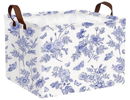 Large Blue Chinoiserie Willow Butterfly Decor Basket Collapsible Storage Bin (Floral)