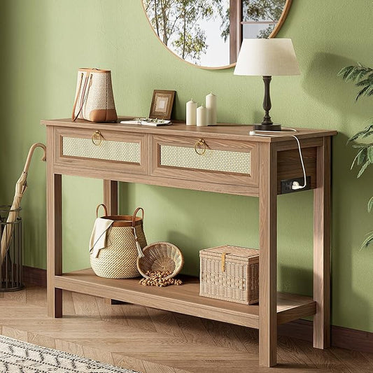 SUPERJARE Rattan Console Sofa Table with Outlets and USB-C Port, 2 Drawer Entryway Table with Synthetic Rattan Surface, 39 Inch, Open Shelf, Behind Couch Entry Foyer Hallway Storage, Brown