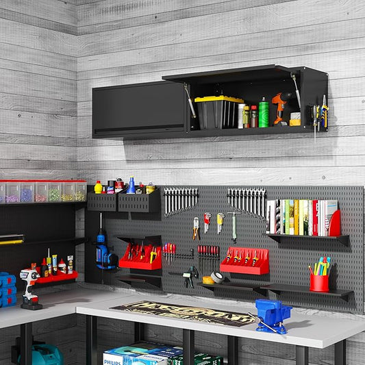 Metal Garage Wall Cabinet, Floating Garage Tool Cabinets with Up-Flip Door,13.8''H Hanging Wall Mounted Storage Cabinet for Garage, Warehouse, Kitchen, Bathroom, Workshop, RV, Black