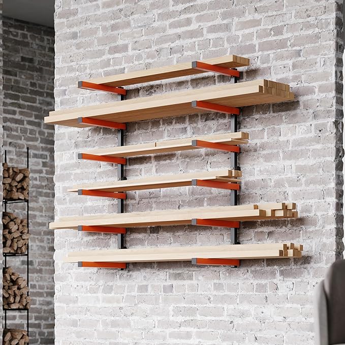 ECOTRIC Lumber Rack Wall Mount Wood Organizer Lumber Organizer - Heavy Duty Metal 6 Levels Shelf Lumber Storage Rack Max 600 Lbs (1 Pack), Indoor & Outdoor Use - Orange