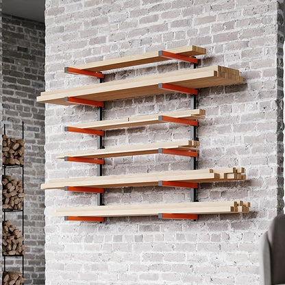 ECOTRIC Lumber Rack Wall Mount Wood Organizer Lumber Organizer - Heavy Duty Metal 6 Levels Shelf Lumber Storage Rack Max 600 Lbs (1 Pack), Indoor & Outdoor Use - Orange