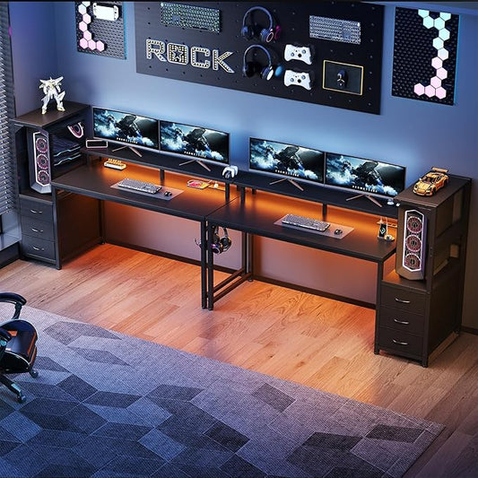 DUMOS L Shaped Gaming Desk with Shelves Storage Drawers 58'', Black Computer Desks with LED Lights Power Outlets, Office Wood Table with PC Stand Cable Management for Bedroom Dual Monitor Streaming