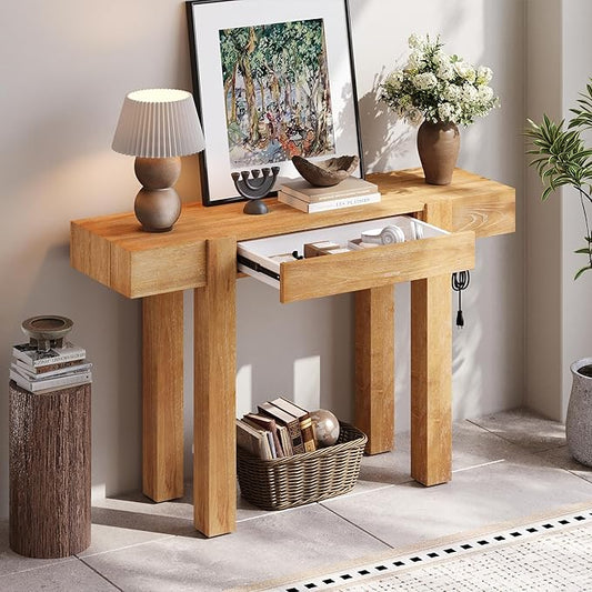 LUMISOL Sofa Table with Power Outlet, Rustic Console Table with Drawer, Wood Entryway Table for Entryways, Living Rooms, Home Office, Natural