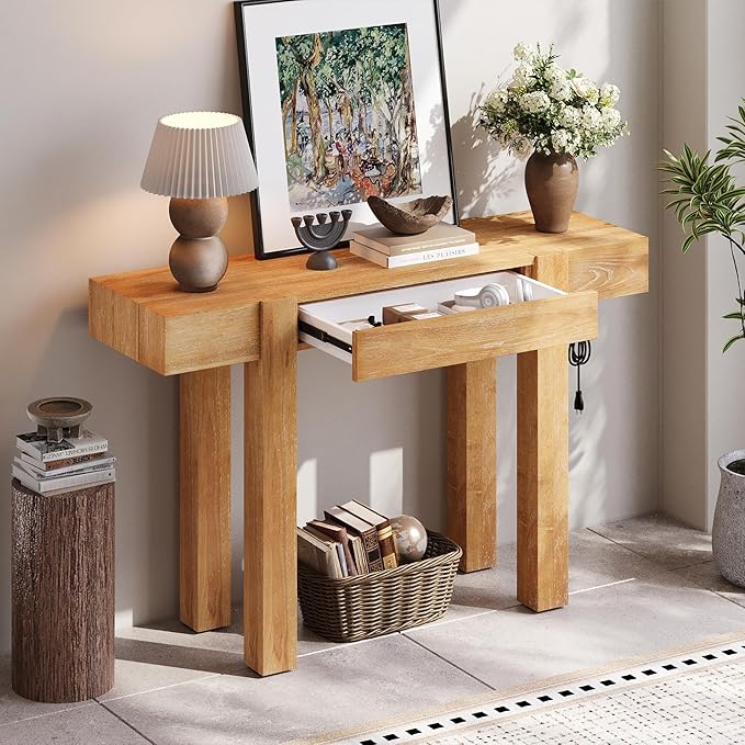 Rustic Minimalist Console Table with Hidden Drawer, Side Power Outlet,Hallway Table for Entryways Living Rooms Home Offices (Natural#USB)