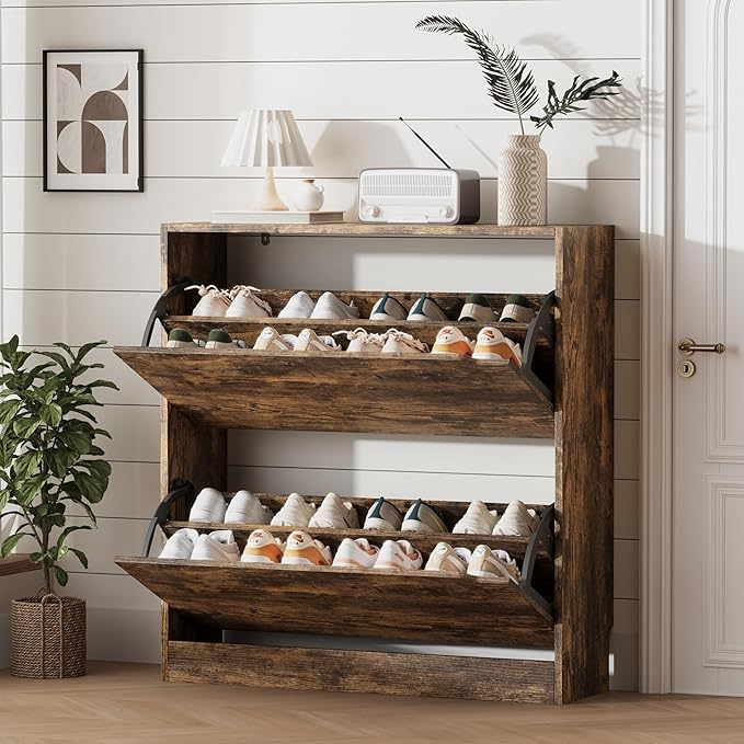 Shoe Storage Cabinet for Entryway with 2 Flip Drawers, Sturdy Wood Hidden Shoe Storage, Freestanding Narrow Slim Shoe Organizer for Front Door Entrance, Living Room, Hallway, Bedroom, Brown