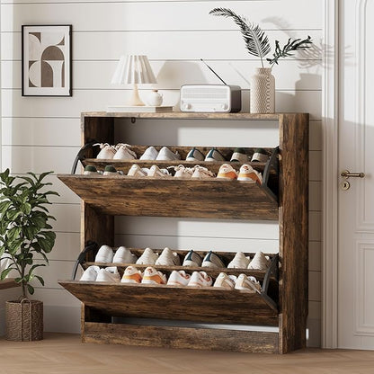 Shoe Storage Cabinet for Entryway with 2 Flip Drawers, Sturdy Wood Hidden Shoe Storage, Freestanding Narrow Slim Shoe Organizer for Front Door Entrance, Living Room, Hallway, Bedroom, Brown