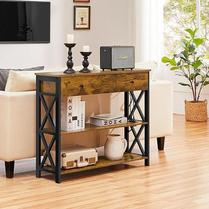 Yaheetech Console Table with 2 Outlets and 2 USB Ports, Industrial Entryway Table with Drawer and Storage Shelves, Narrow Sofa Tables with Metal Frame for Living Room, Hallway, Rustic Brown