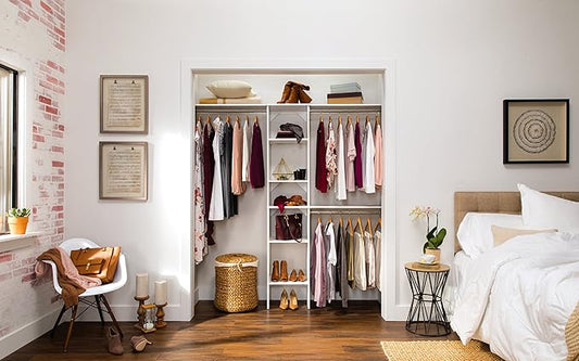 ClosetMaid SuiteSymphony Wood Closet Organizer Starter Kit with Tower and 3 Hang Rods, Shelves, Adjustable, Fits Spaces 4 – 9 ft. Wide, Pure White