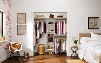 ClosetMaid SuiteSymphony Wood Closet Organizer Kit with Tower, 3 Hang Rods, Top Shelves, Adjustable, Fits Spaces 5 - 9 ft. Wide, Pure White