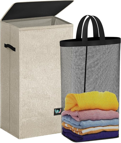 Laundry Hamper with Lid, Reinforced Sturdy Clothes Hamper with Anti-Puncture Base, Large Collapsible Laundry Basket with Removable Liner Bag, Tall Dirty Clothes Bin for Family, 100L Beige