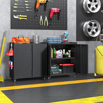 Heavy Duty Steel Metal Storage Cabinet with Wheels, Locking Doors and Adjustable Shelves - Black, Ideal for Garage, Warehouse, Office, School, Home