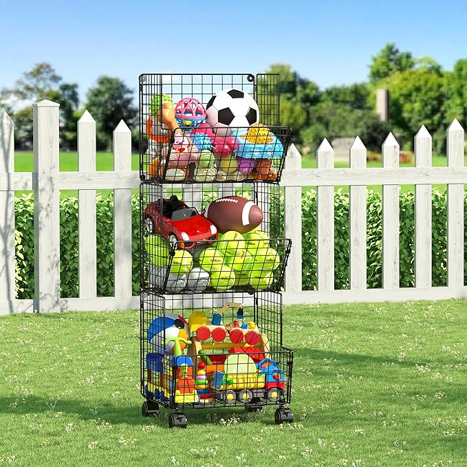 Sonyabecca Outdoor Toy Storage Basket, Play Kitchen Organizer with 5 S-Hooks,3 Tier Rolling Storage Cart Garage, Pantry Floor Snack Cart with Wheels,Toy Shelf Dog Storage Organizer Kids Bookshelf