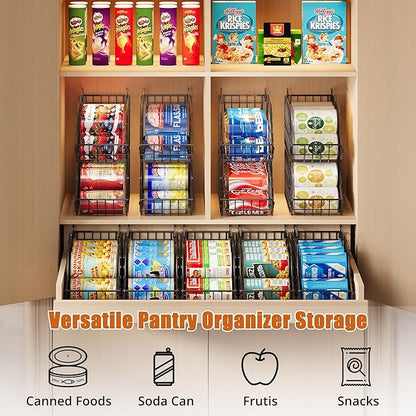 Sonyabecca 4-Pack Stackable Canned Food Organizer with Handles for Kitchen, Soda Can Organizer for Pantry Shelves, Wire Cabinet Shelf for Can Storage, Foldable Soda Dispenser, Patent Pending, Black