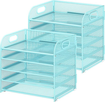 2 Pack 5 Tier Paper Organizer, Letter Tray with Handle, Mesh Desk Organizer, Metal File Organizer, Office Desk Accessories for Home, Office, Classroom, School -Blue