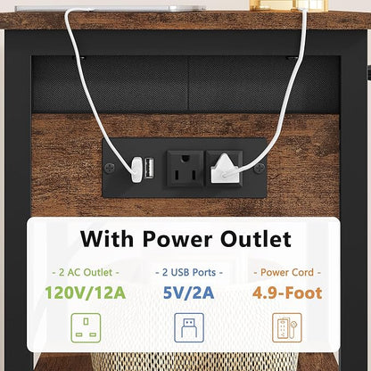 Printer Stand with Charging Station, 3-Tier Under Desk Printer Table, End Table with Storage Shelves for Home Office, Living Room,Bedroom,Bathroom,Brown