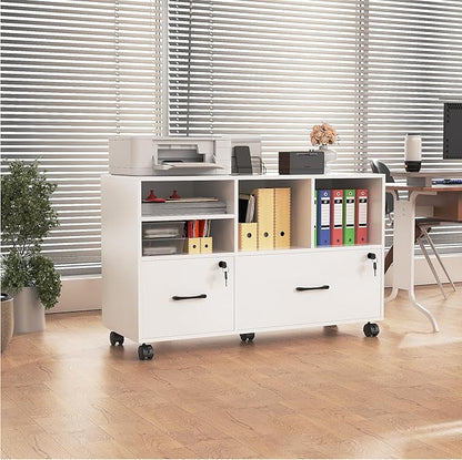 Semoic 2 Drawer Mobile Lateral File Cabinet with Lock, Lockable Wood Filing Cabinet with Open Storage Shelves, Printer Stand Office Storage Cabinet for Home Office Fits Files Legal/A4 Size, White