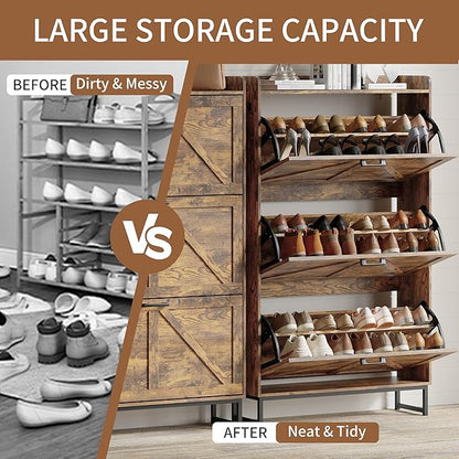 Shoe Cabinet with 3 Flip Drawers, Freestanding Hidden Shoe Storage Organizer for Entryway, Narrow Slim Shoe Rack Cabinet with Open Storage & Hooks for Front Door Entrance, Living Room, Hallway, Brown