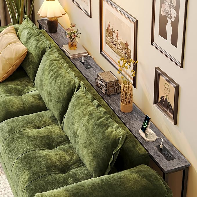 Huuger 110.2 Inch Sofa Table with Power Outlets, 23.9’’-34.4’’ Height Adjustable Range, Behind Couch Table with USB-C Ports, Sofa Tables Narrow Long, Skinny Console Table, for Small Spaces, Grey