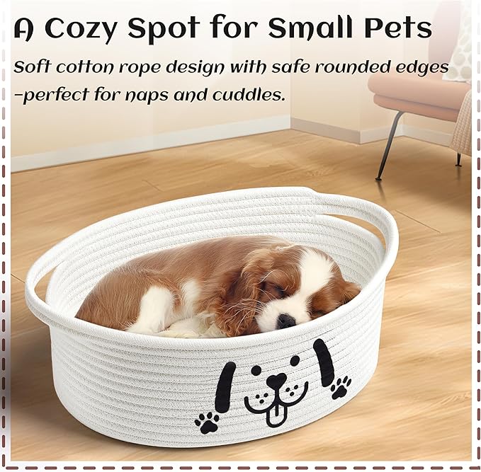 Small Woven Dog Gifts Basket for Storage Empty Dog Toy Bins Organizer with Ribbons and Bags Durable Cute Pet Gifts 12"X 8" X 5" Small Rope Basket for Gifting