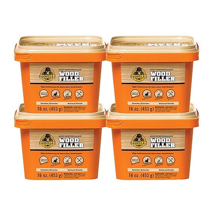 Gorilla All Purpose Wood Filler, Natural Finish, 16 Ounce Tub (Pack of 4) - Water Resistant for Indoor or Outdoor Projects and Repairs